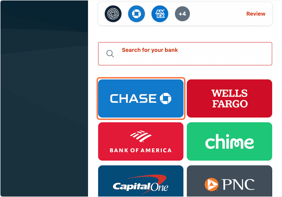 Screenshot showing Select Bank