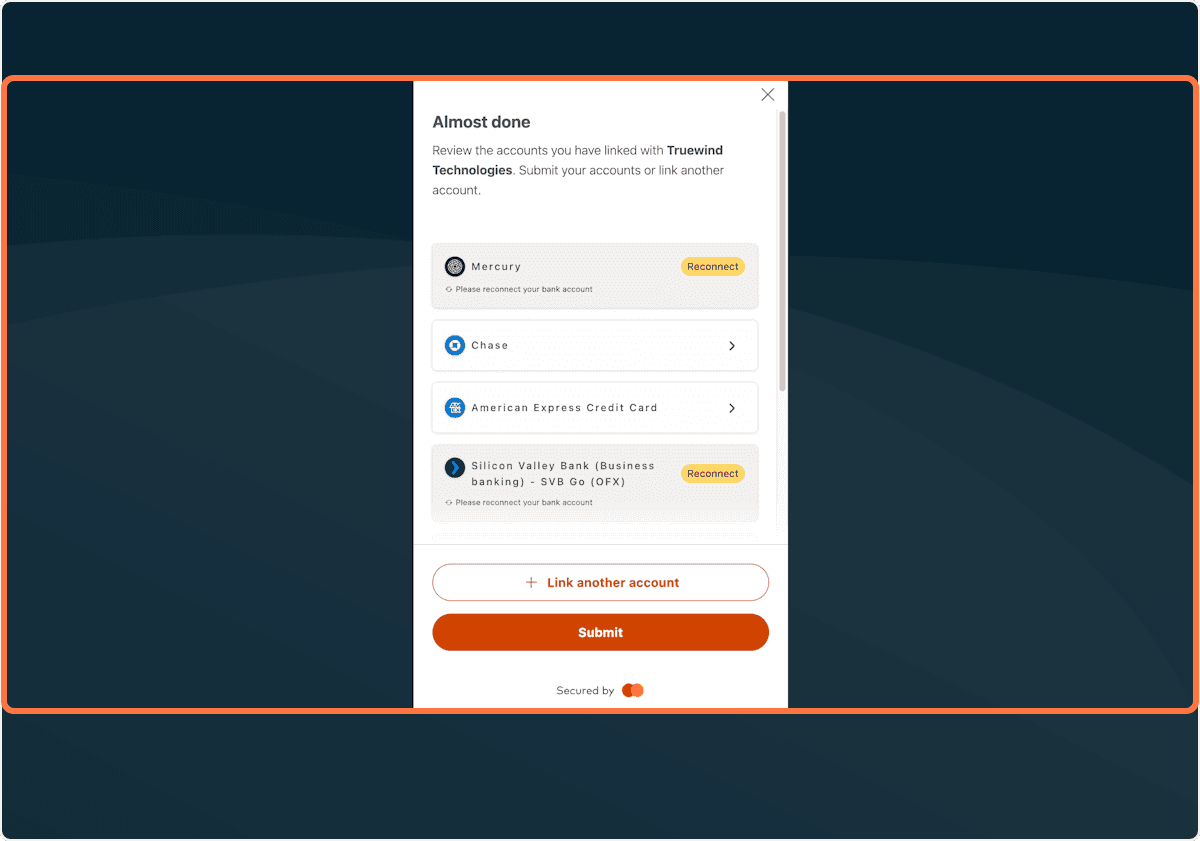 Screenshot showing Once connected, it goes back to Finicity page and shows you all connected banks