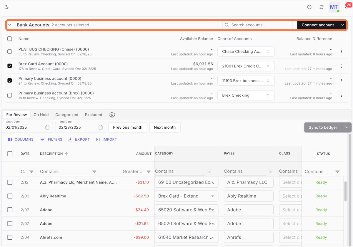 Screenshot showing Under Bank Accounts, you can map Chart of Accounts to new connected bank accounts