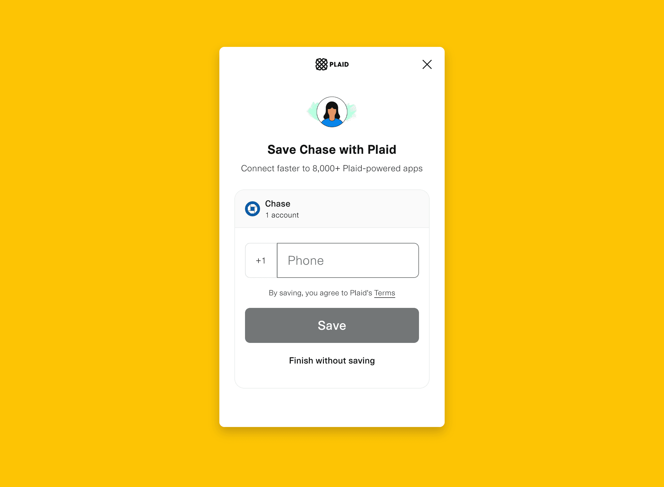 Screenshot showing Then it goes back to Truewind Plaid connection page. Input your phone number here for 2FA