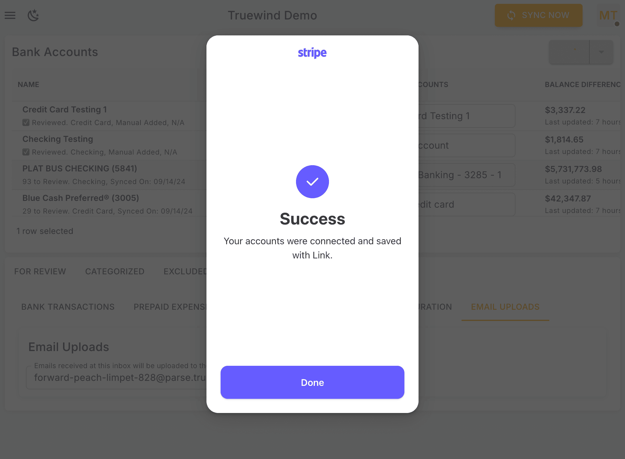 Screenshot showing Confirm the bank accounts are connected