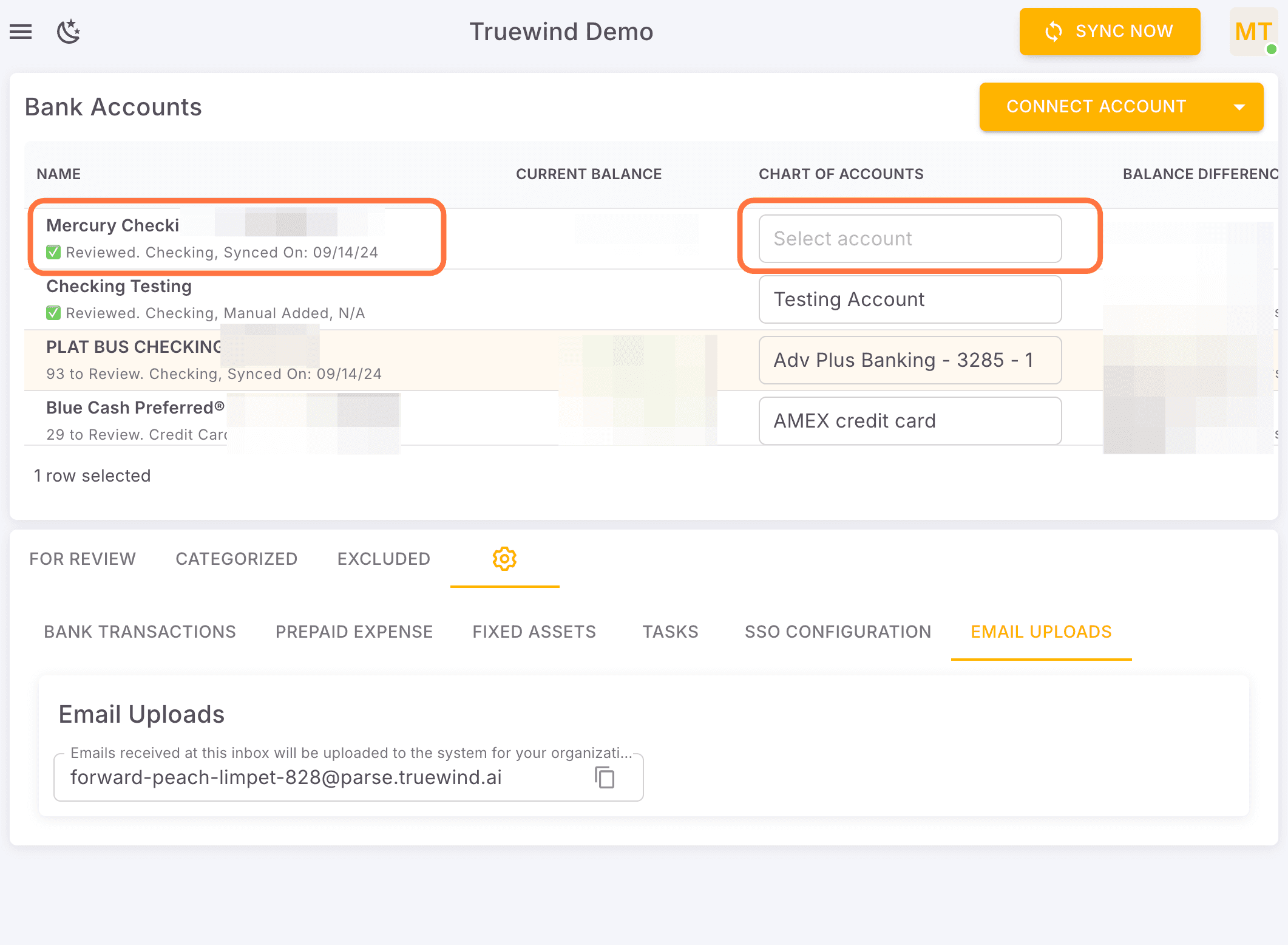 Screenshot showing You can see the new connected bank accounts. And they are ready for accounts mapping