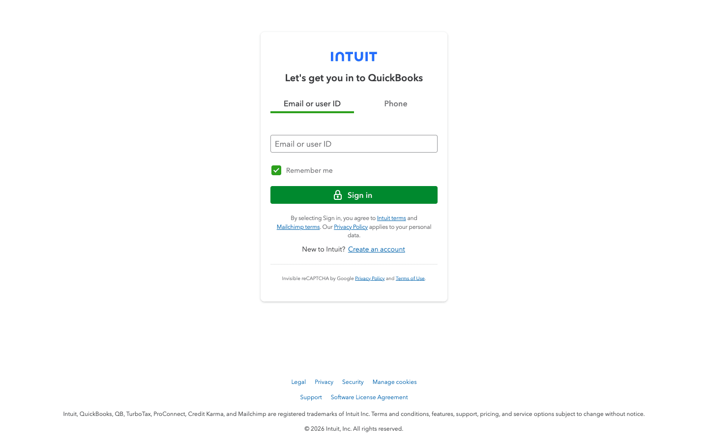 Screenshot showing after selecting Connect in Truewind, sign in to Intuit on the QuickBooks authorization screen