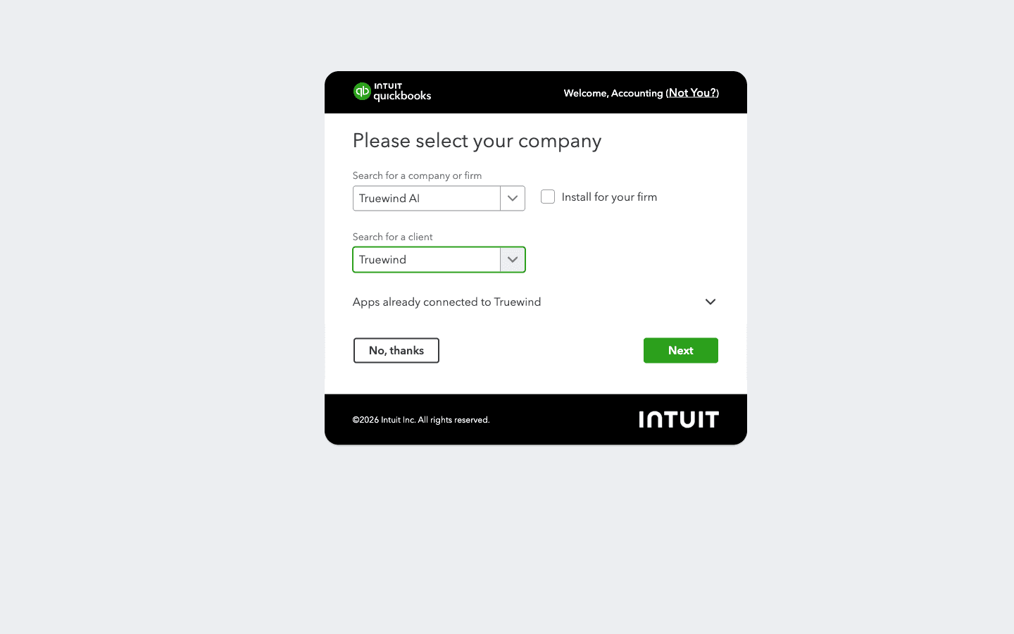 Screenshot showing select the QuickBooks company and client in Intuit, then click on Next
