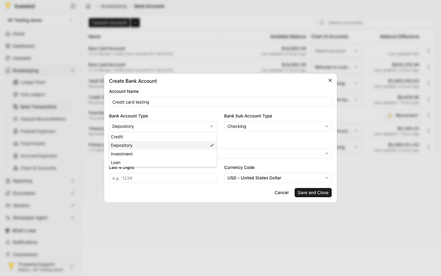 Screenshot showing Select Bank Account Type