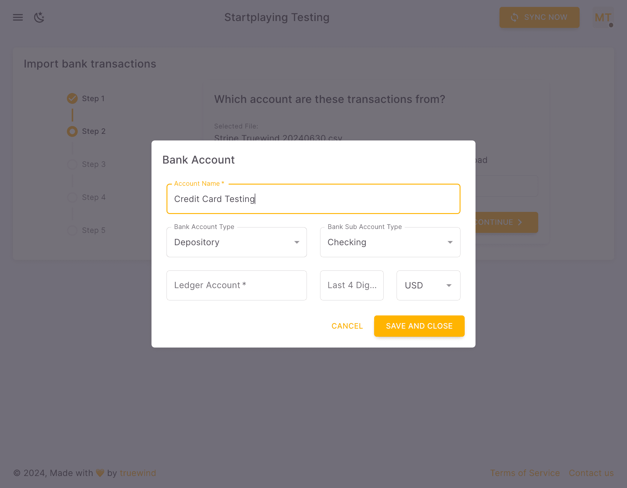 Screenshot showing Select Bank Account Type