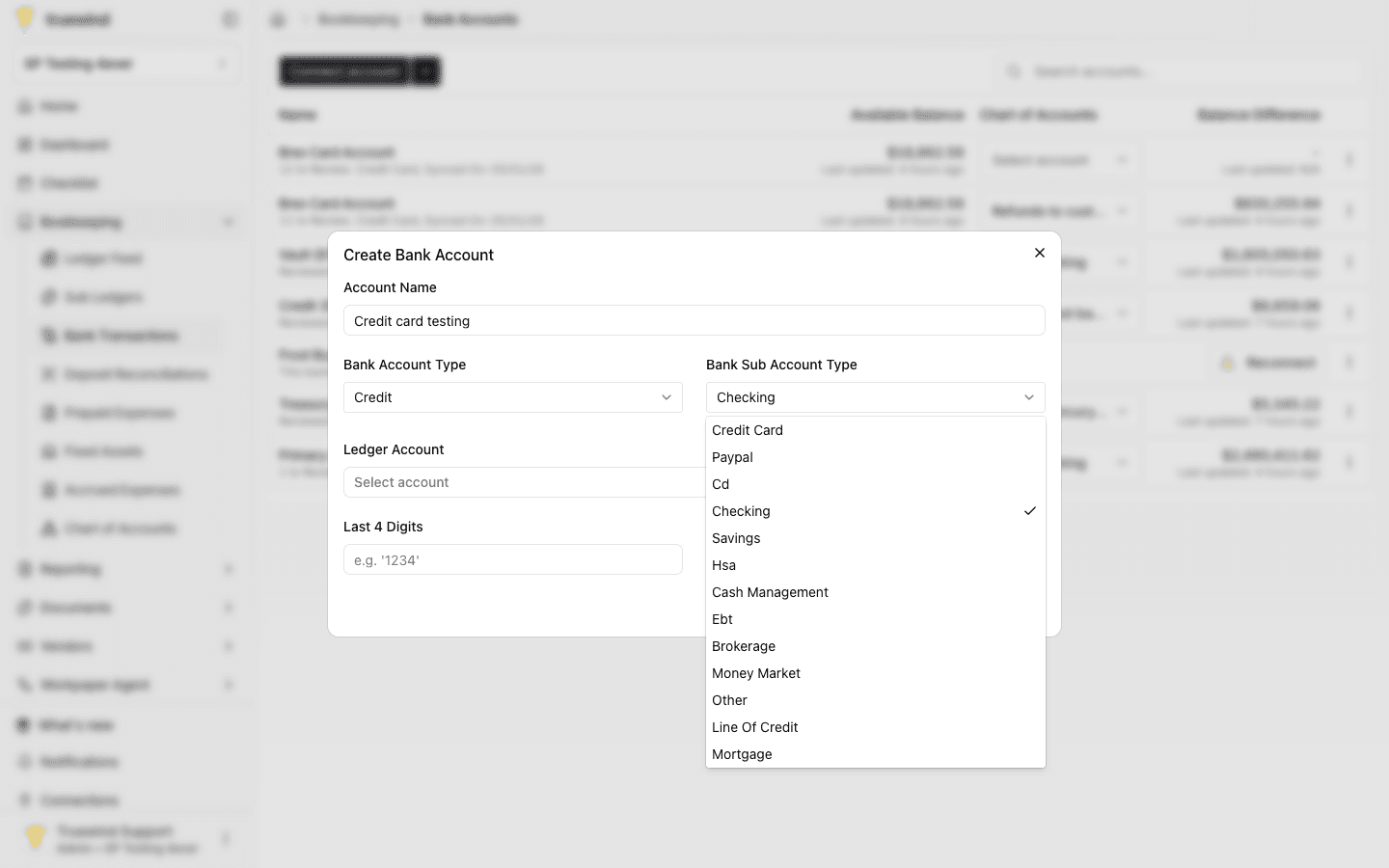 Screenshot showing Select Bank Sub Account Type