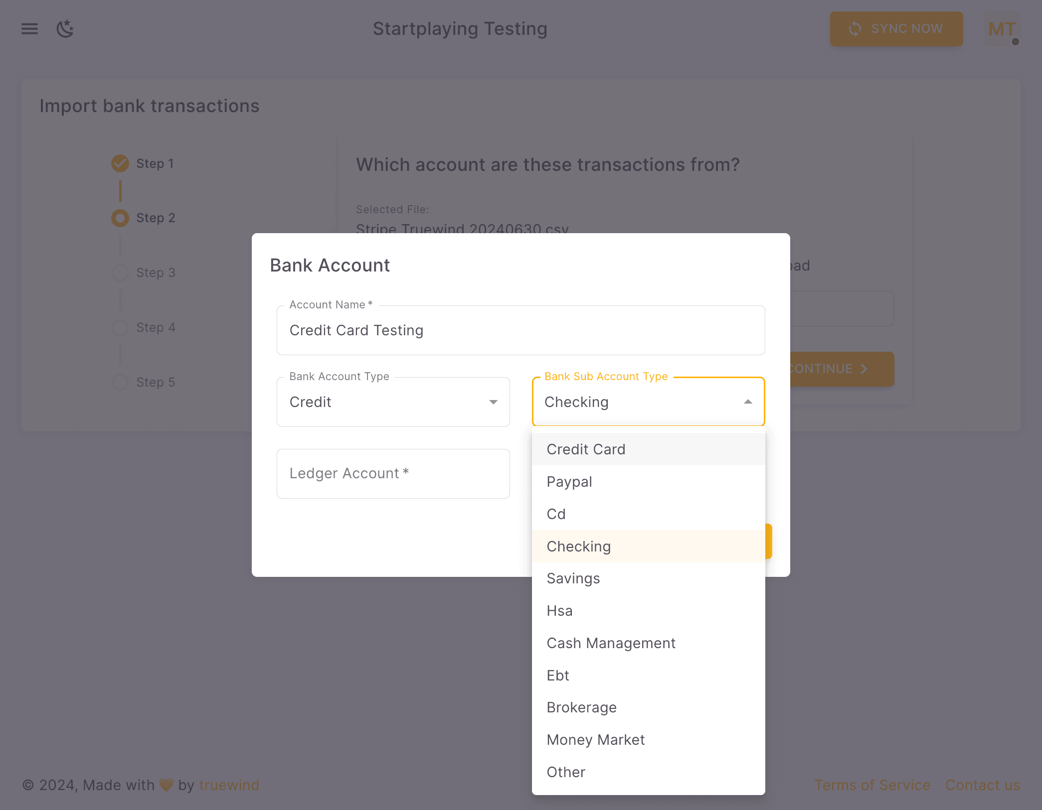 Screenshot showing Select Bank Sub Account Type
