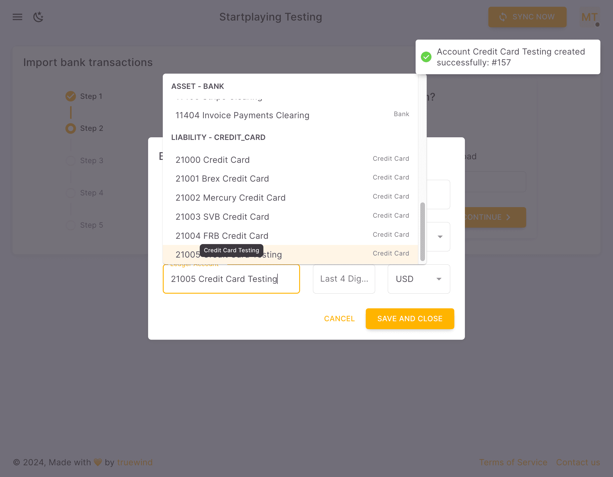 Screenshot showing A pop up showing "Account Credit Card Testing created successfully: #157"