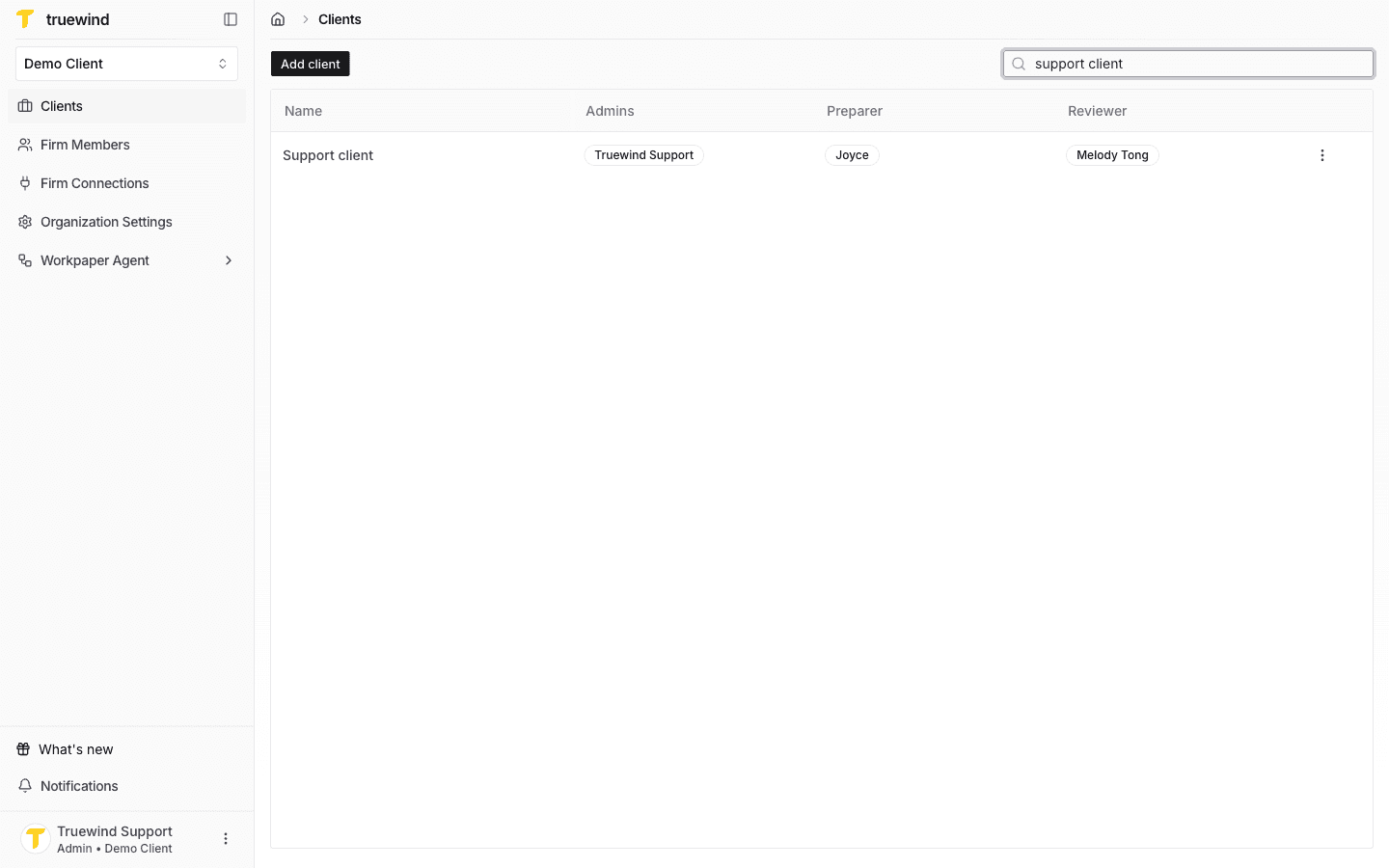 Screenshot showing the search box used to find and open the new client