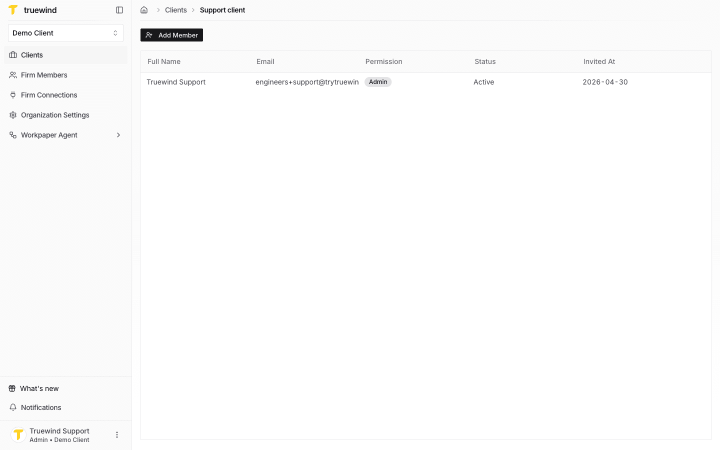 Screenshot showing the client members page with the Add member button