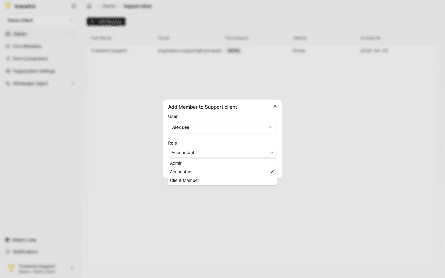 Screenshot showing the member form where a user is selected, a role is chosen, and Add member completes the process