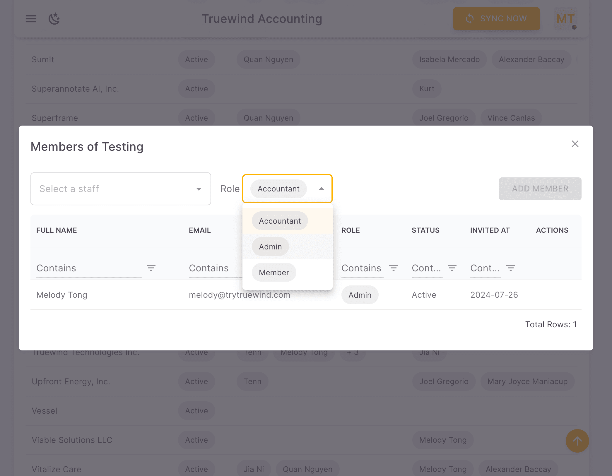 Screenshot showing Choose the role for the staff