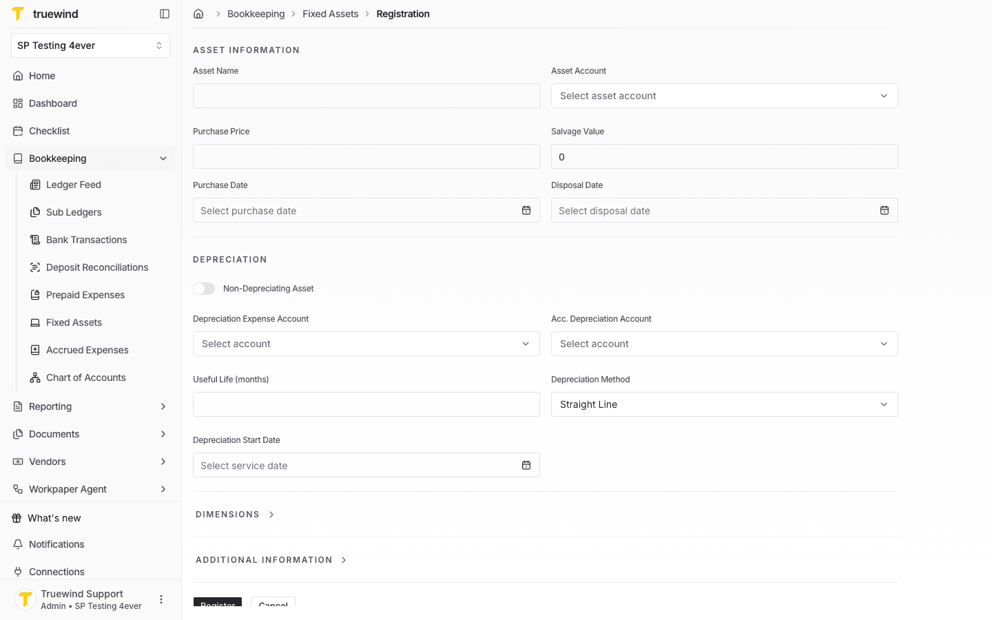 Fixed Asset registration form with asset information and depreciation sections.