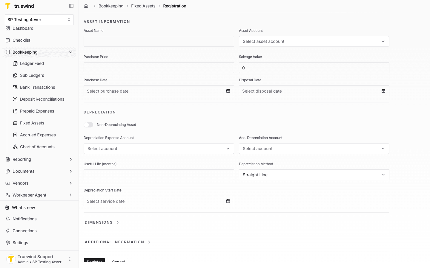 Fixed Asset registration form showing depreciation account, useful life, method, and start date fields.