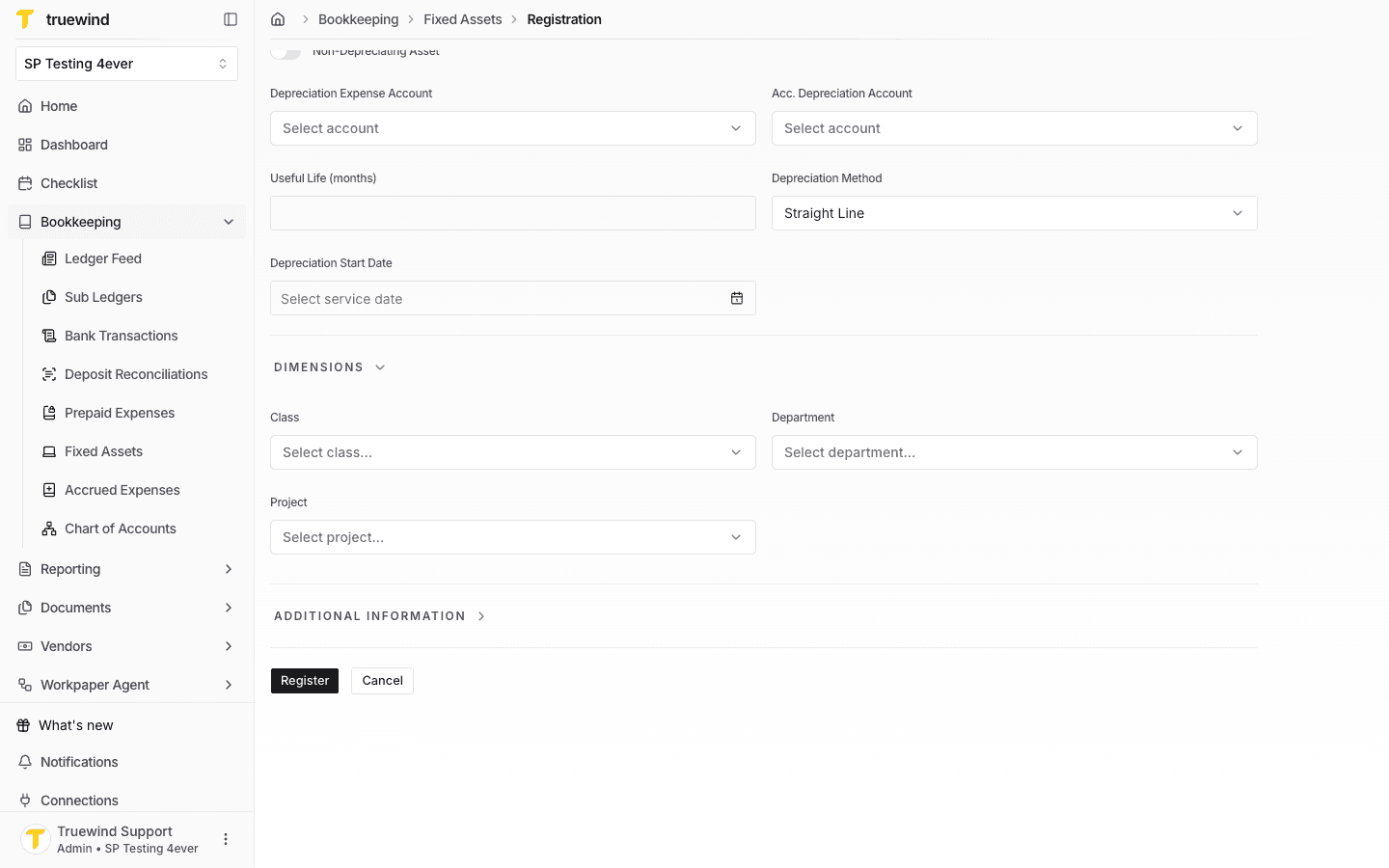 Fixed Asset registration form with the Dimensions section expanded.