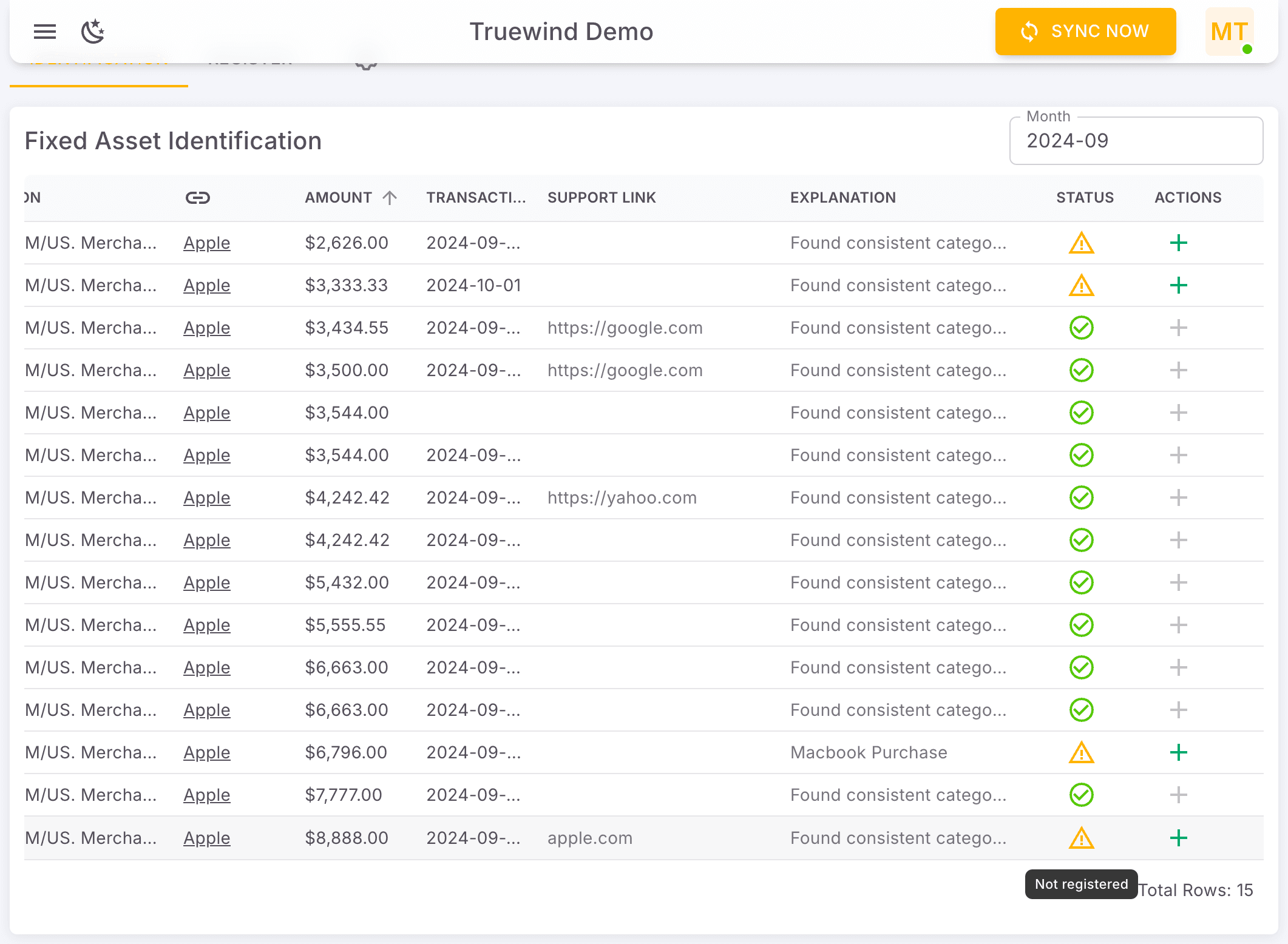 Screenshot showing The status showing "Not Registered" meaning it's not depreciating yet