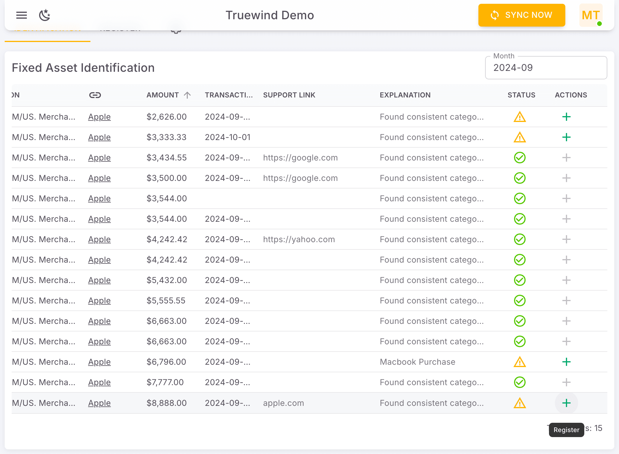 Screenshot showing Select Register button