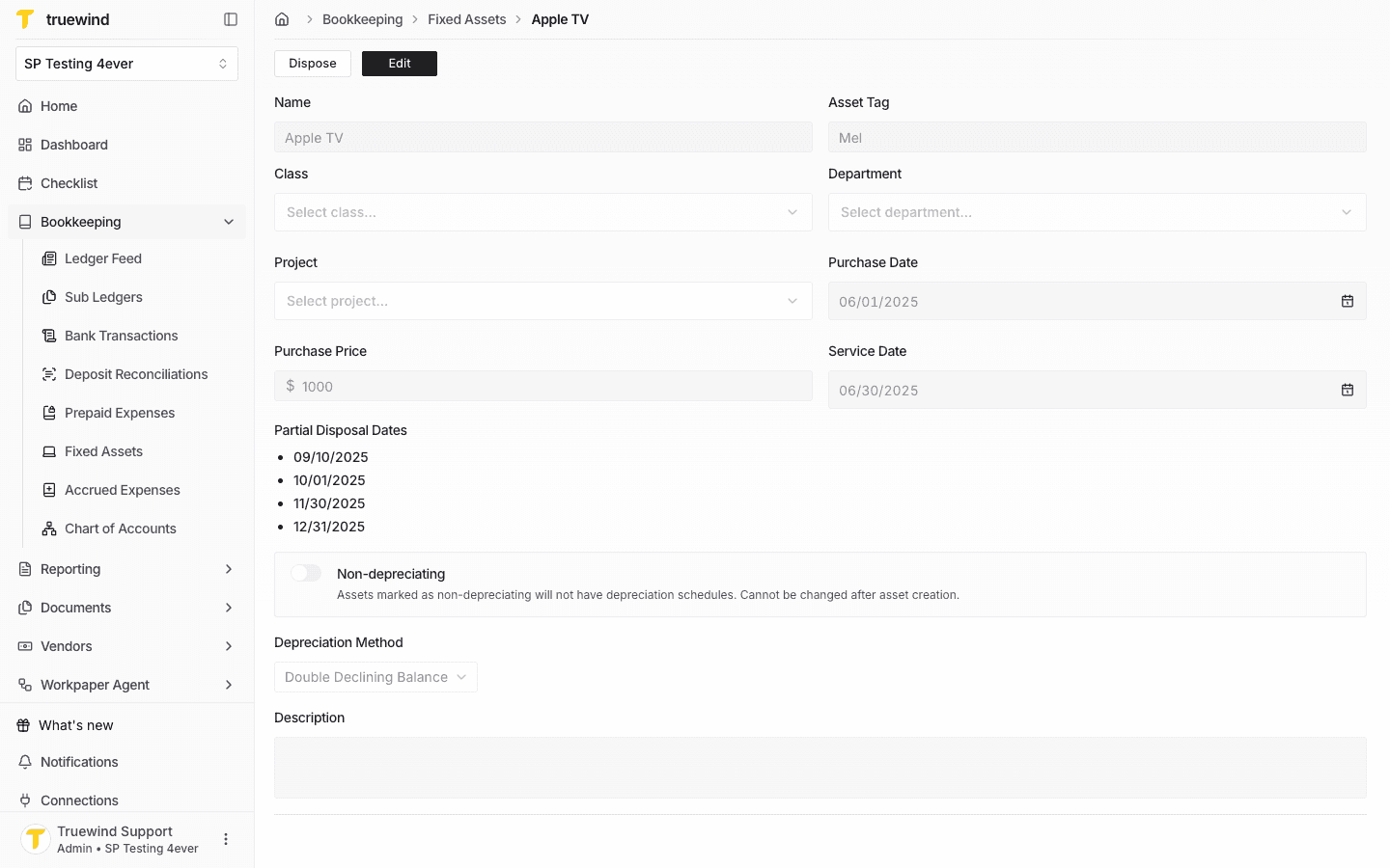 Fixed Asset detail page showing the generated depreciation schedule terms.