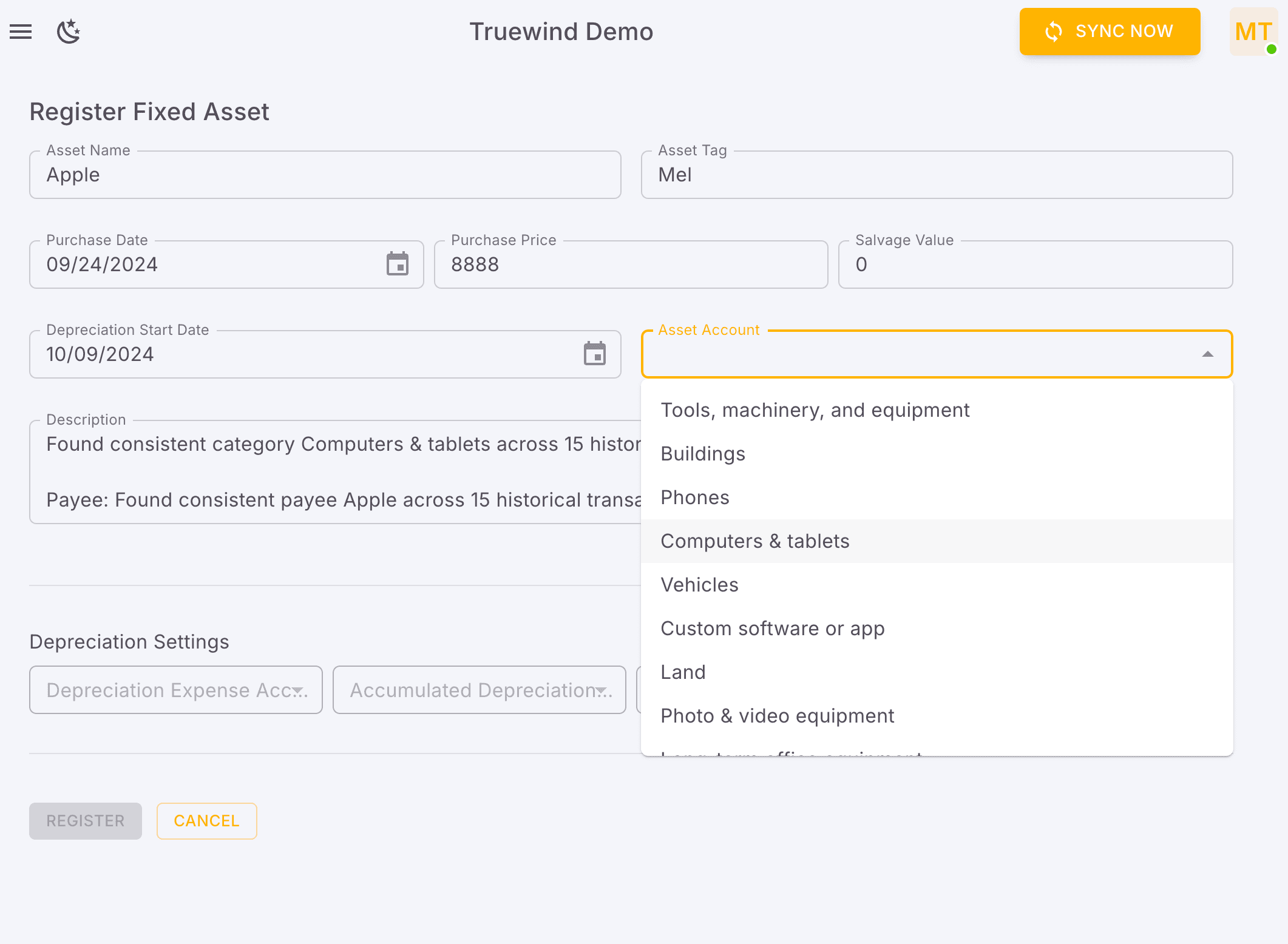 Screenshot showing Confirm depreciation account defaults