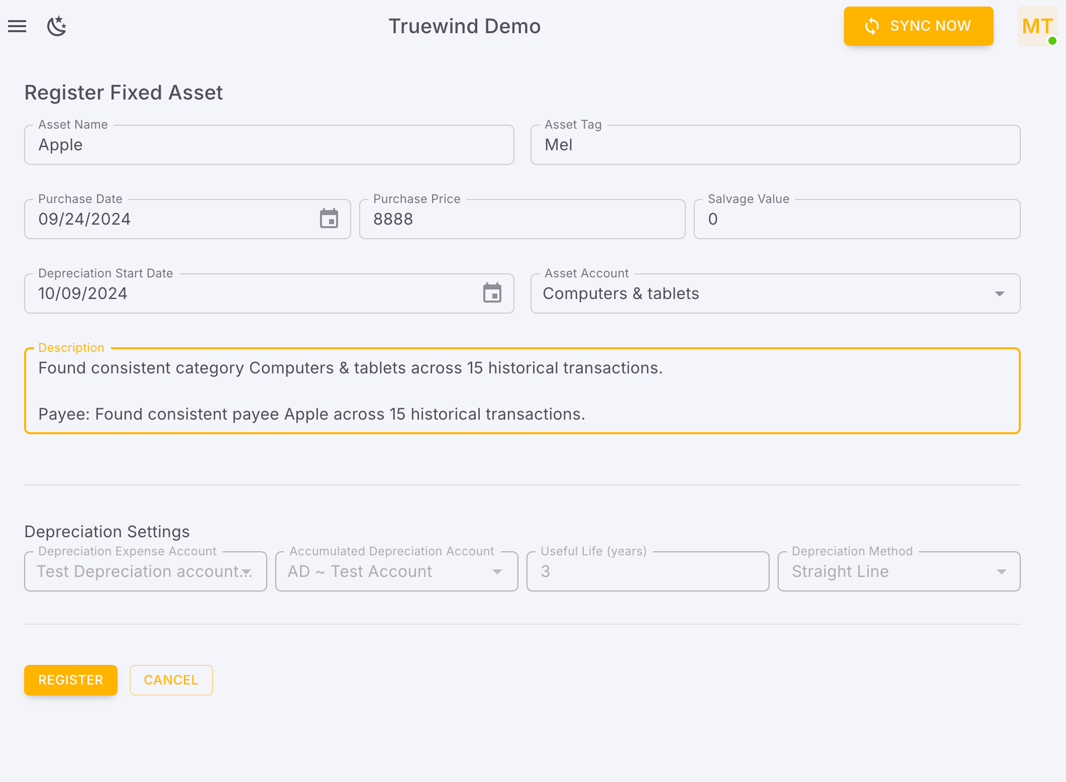 Screenshot showing Select Depreciation Settings