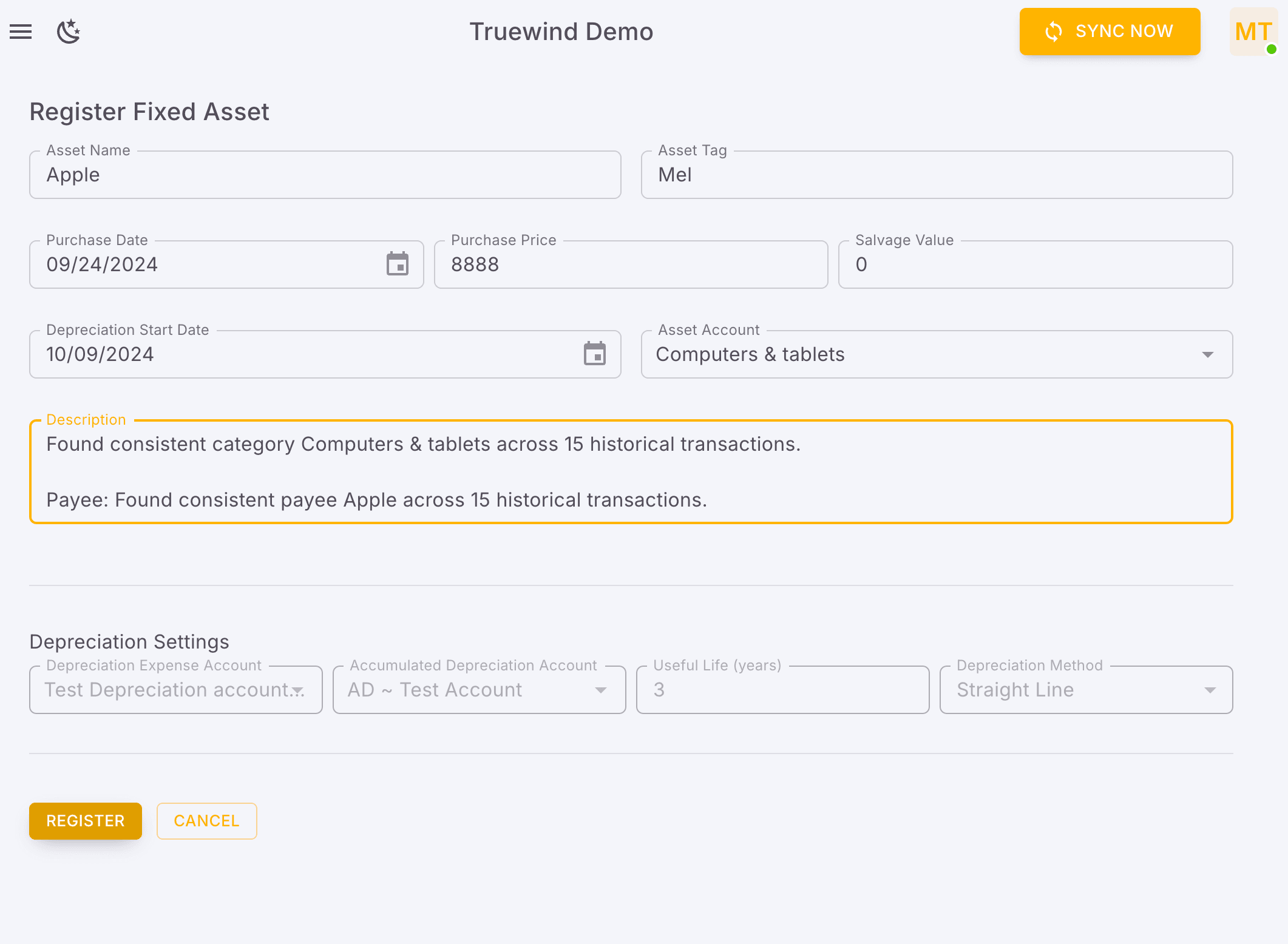 Screenshot showing Open Register