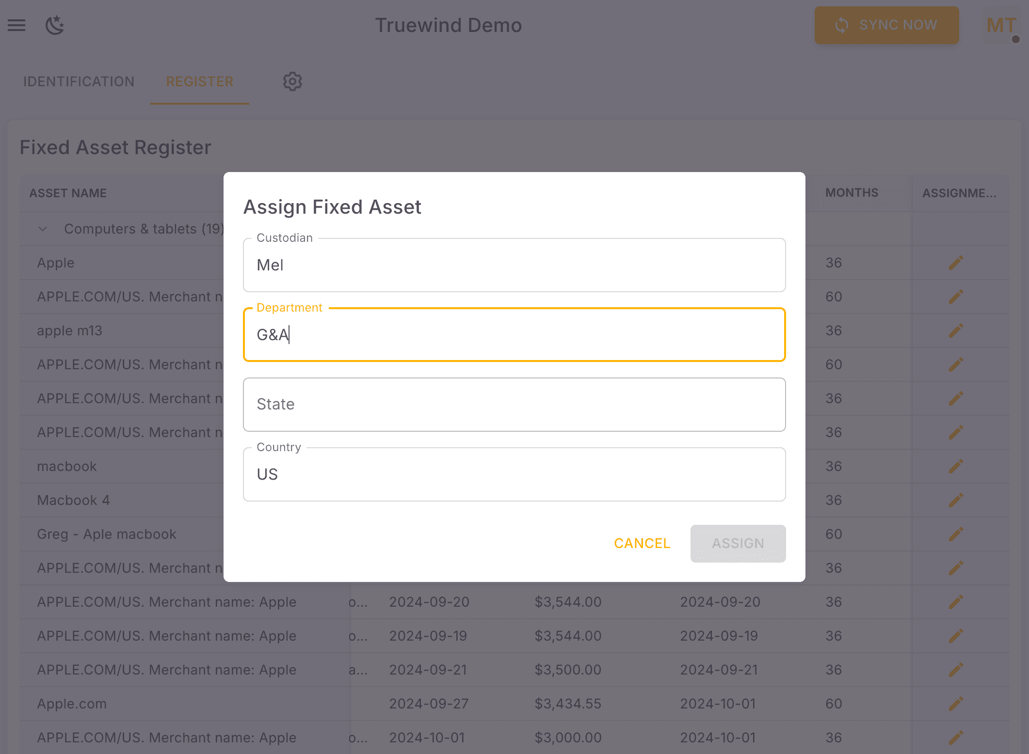 Screenshot showing Enter "G&A"