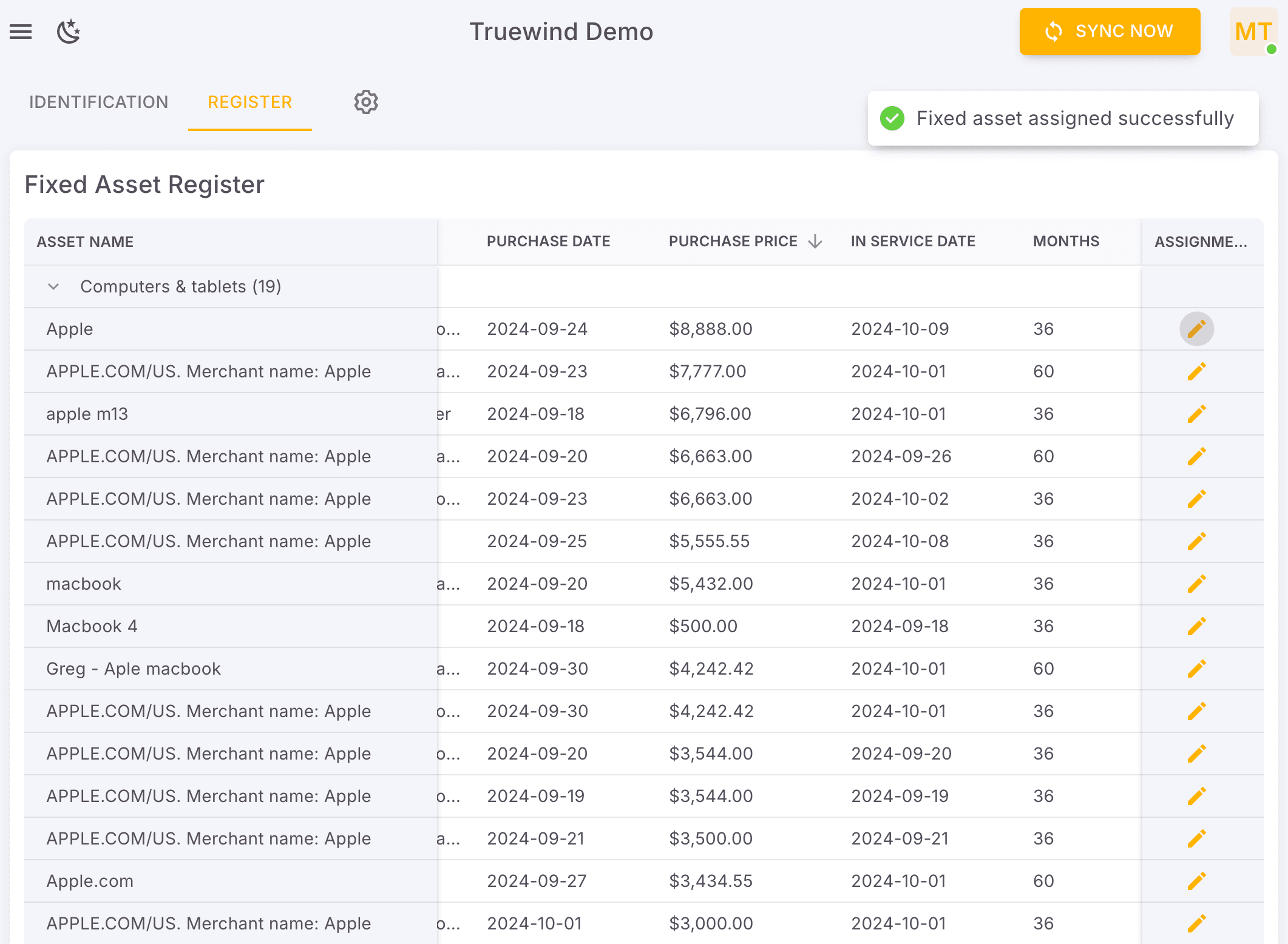 Screenshot showing Select Fixed Asset assigned successfully