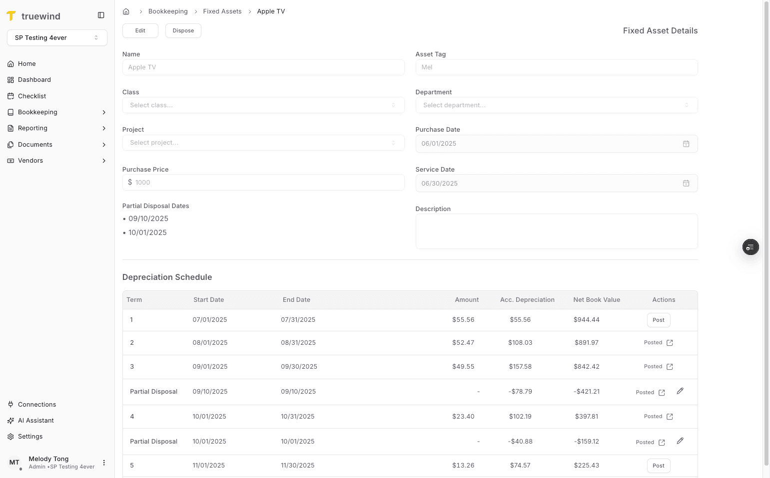 Screenshot showing Detailed asset page shows all partial disposal dates