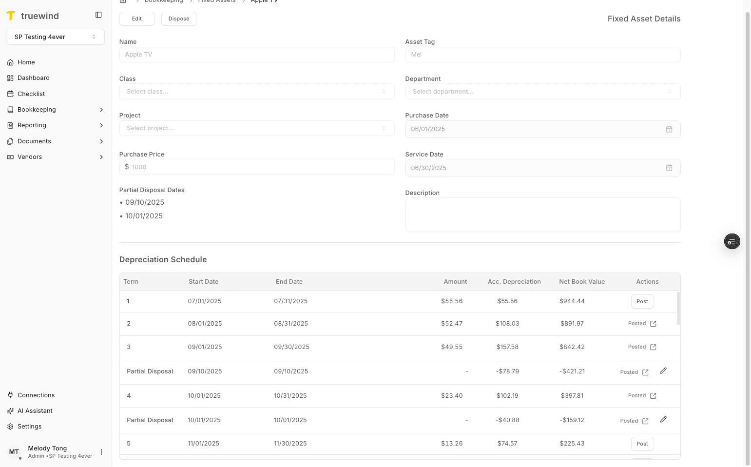 Screenshot showing Depreciation Schedule