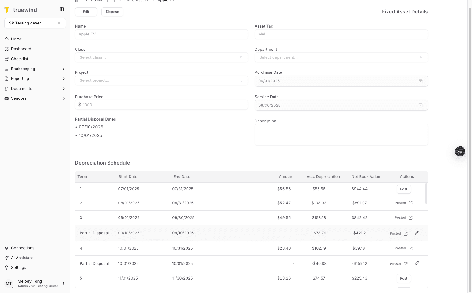 Screenshot showing Partial Disposals are added into depreciation schedule