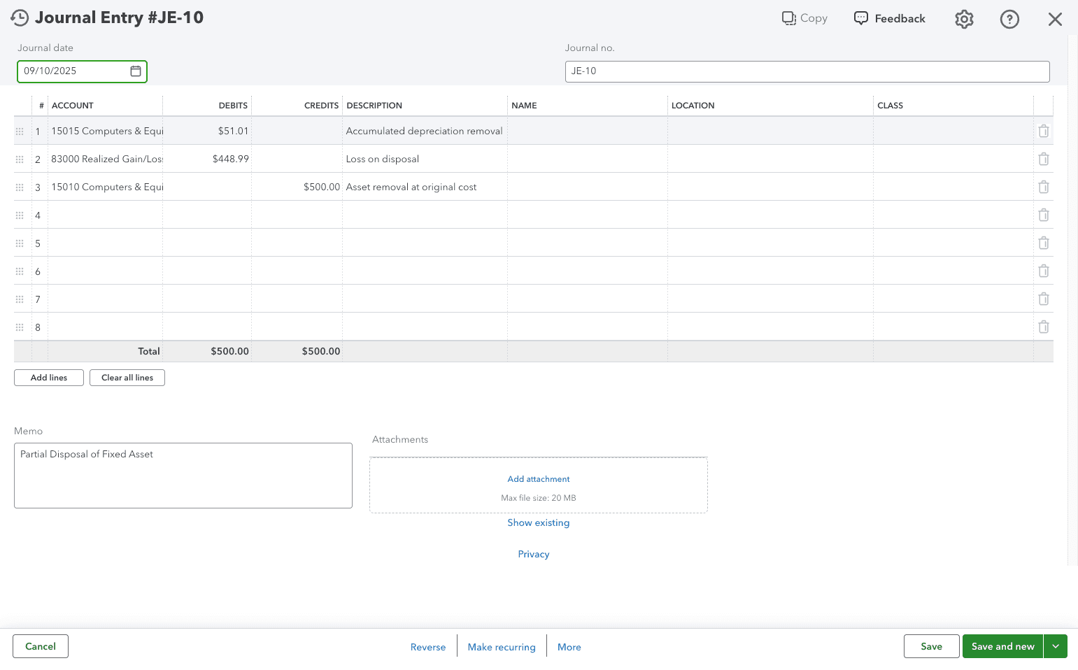 Screenshot showing Open the accumulated depreciation account