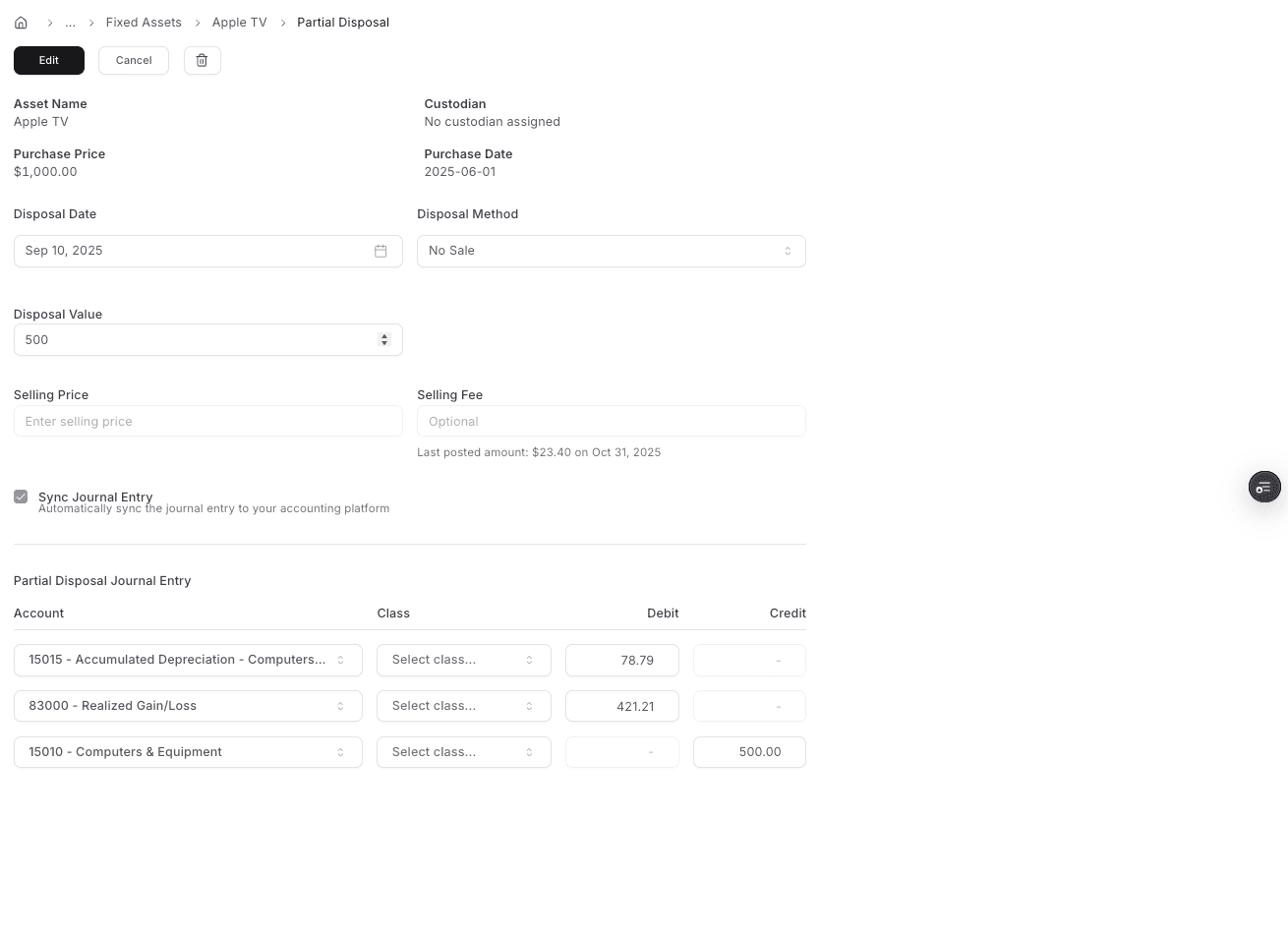 Screenshot showing Select Disposal Method