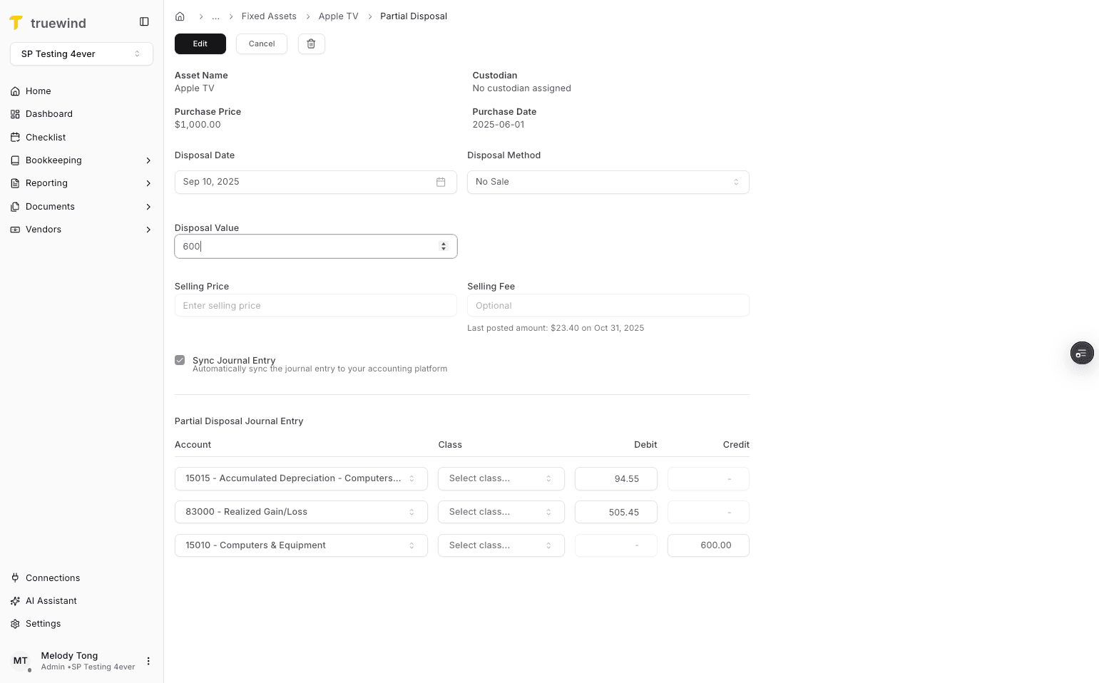 Screenshot showing Edit any values and JE will be updated below