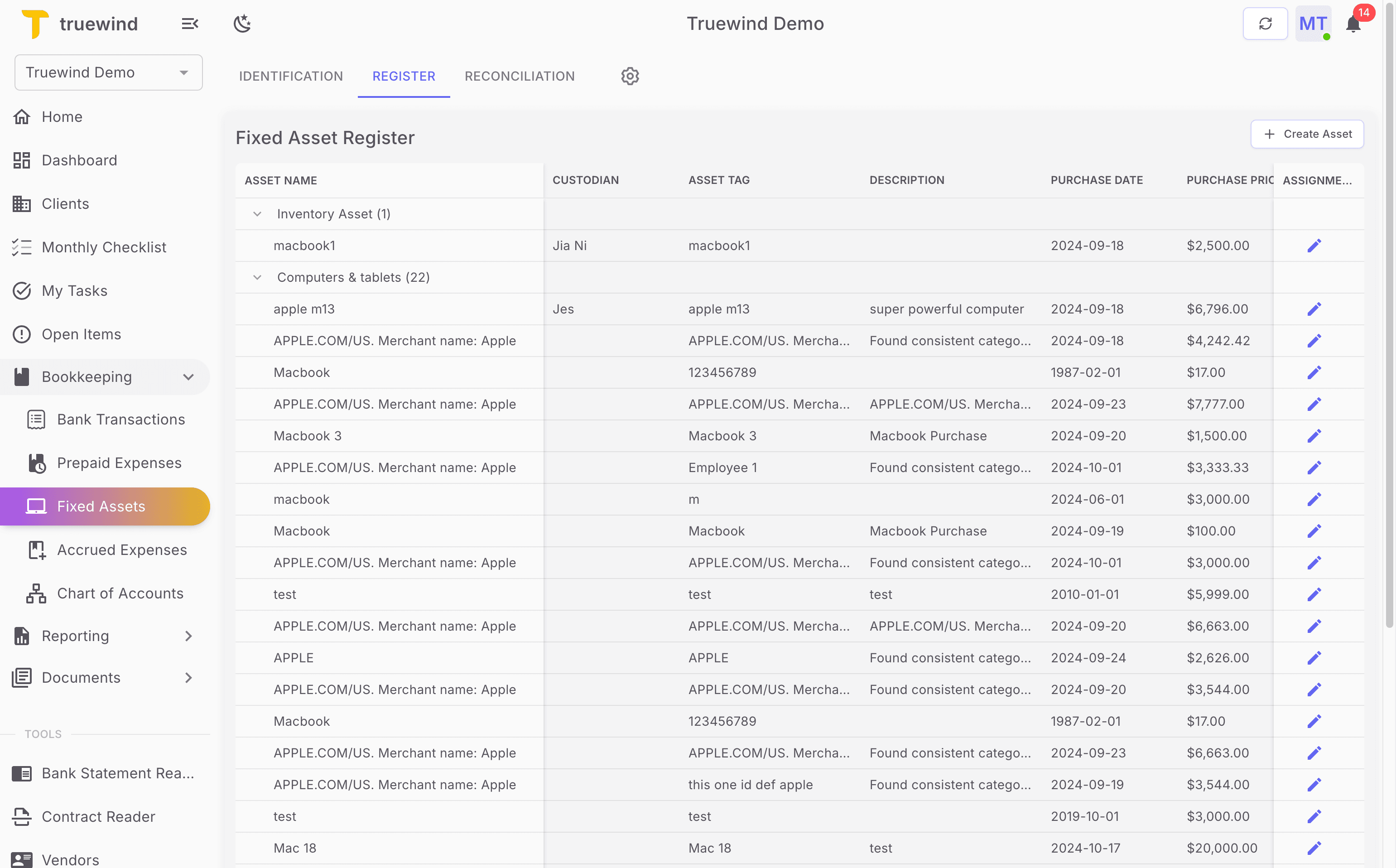 Screenshot showing Open Fixed Assets