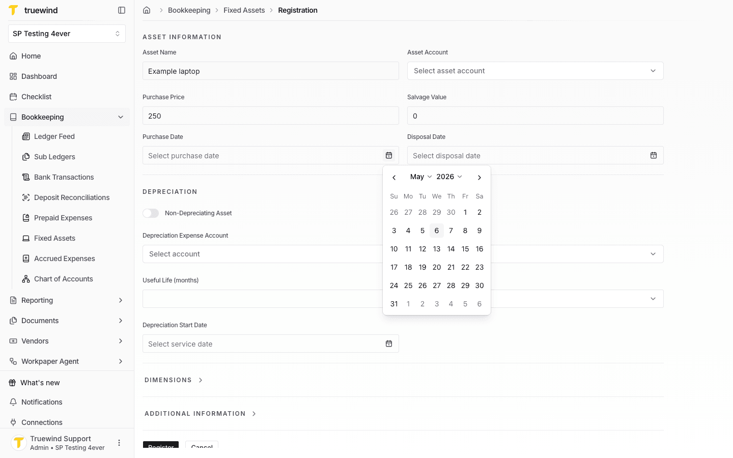 Fixed Asset registration form with the purchase date picker open.
