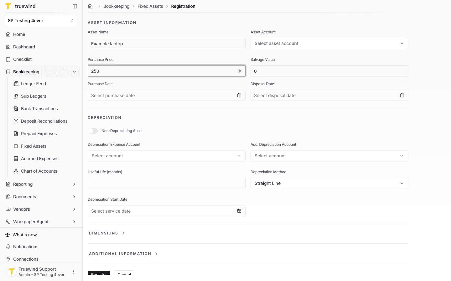 Fixed Asset registration form showing purchase price and salvage value fields.