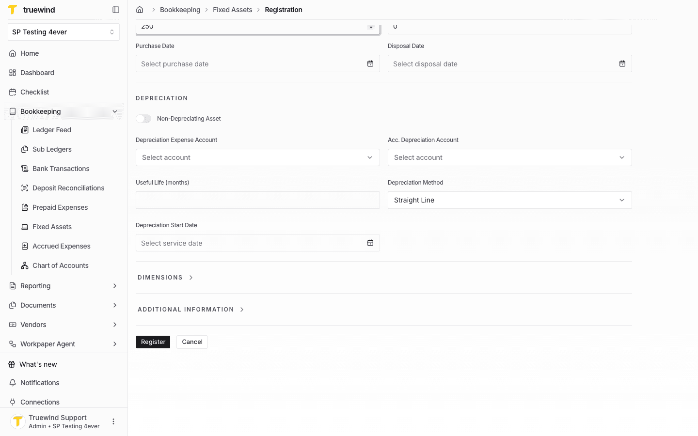 Fixed Asset registration form showing depreciation settings.