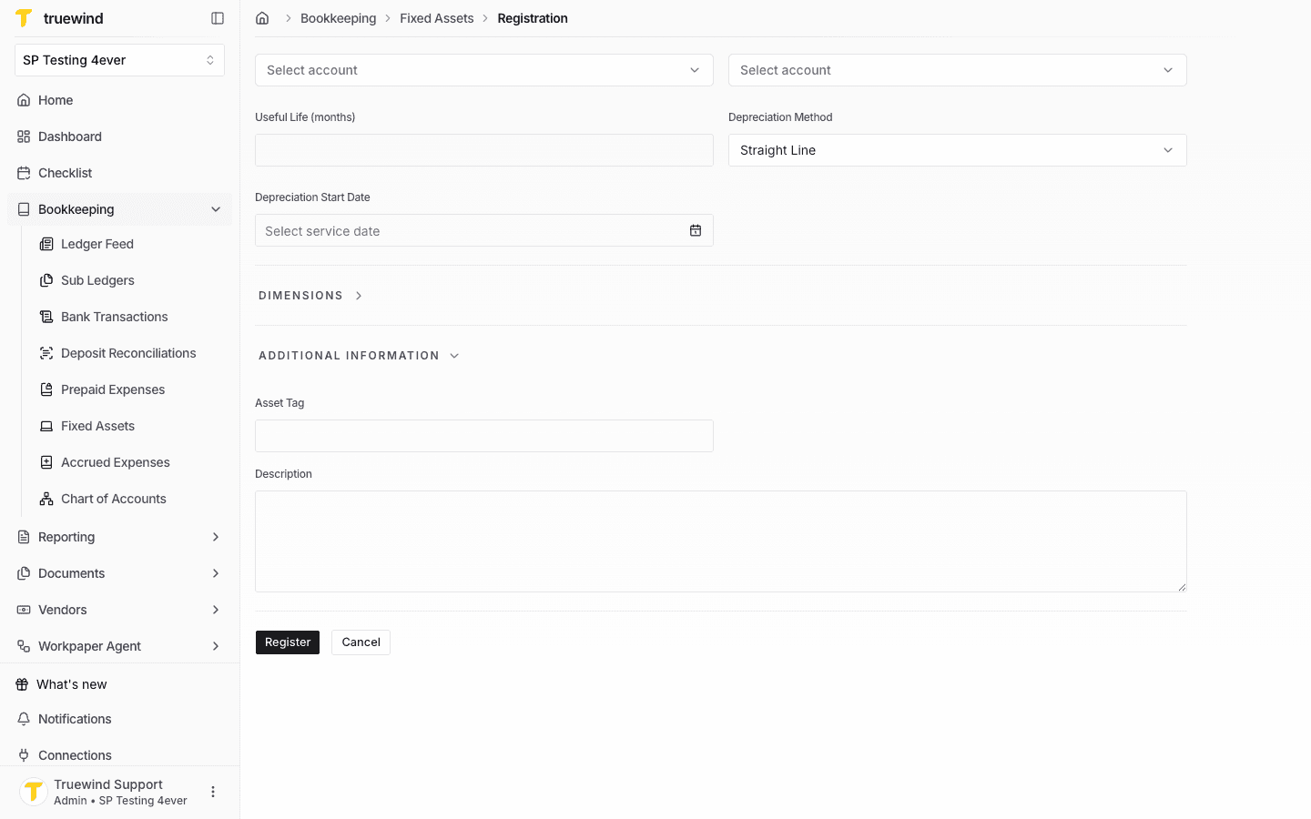 Fixed Asset registration form with additional information fields visible.