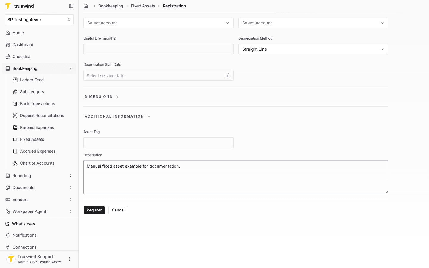 Fixed Asset registration form with the Register button visible.