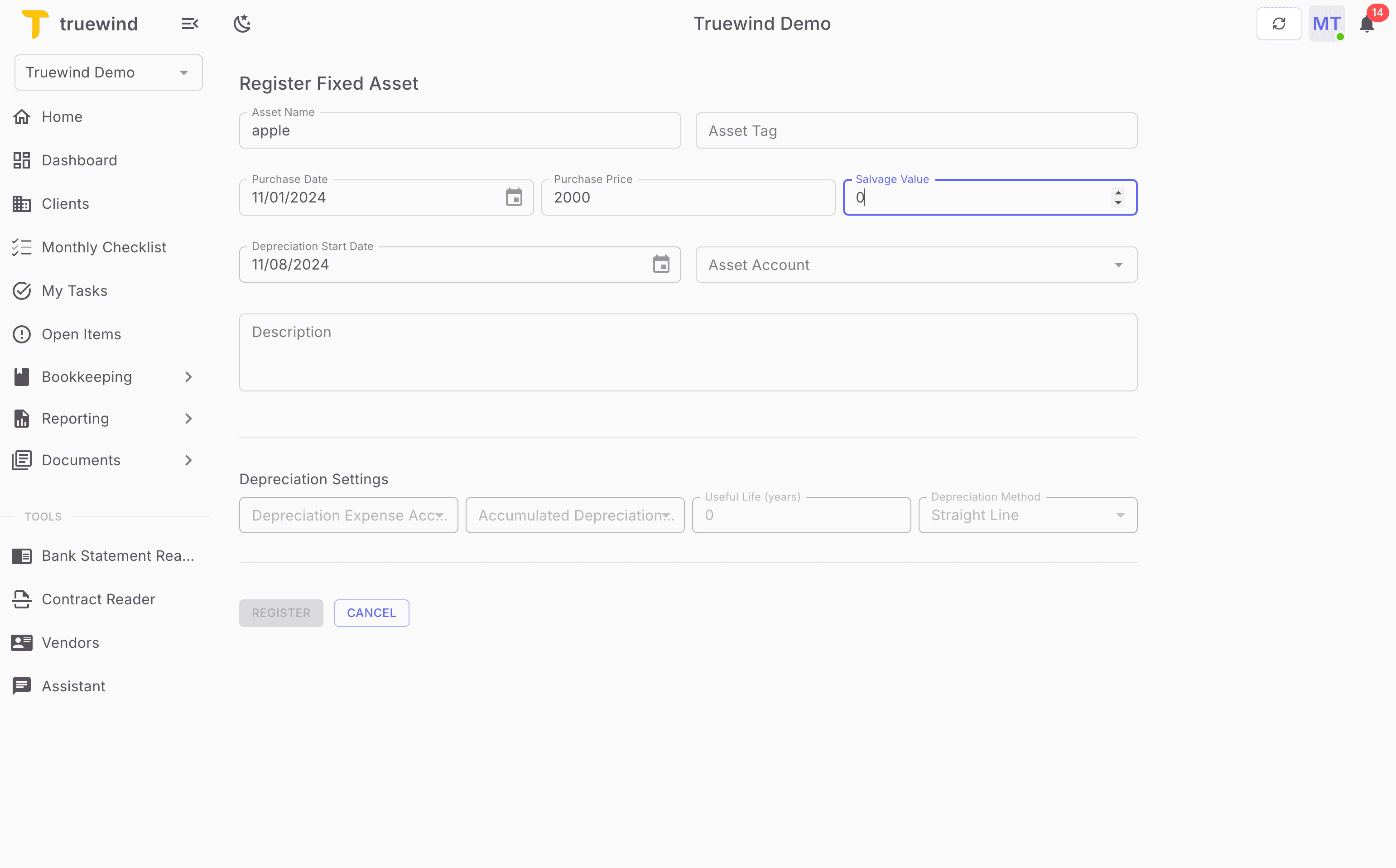 Screenshot showing Select Depreciation Start Date