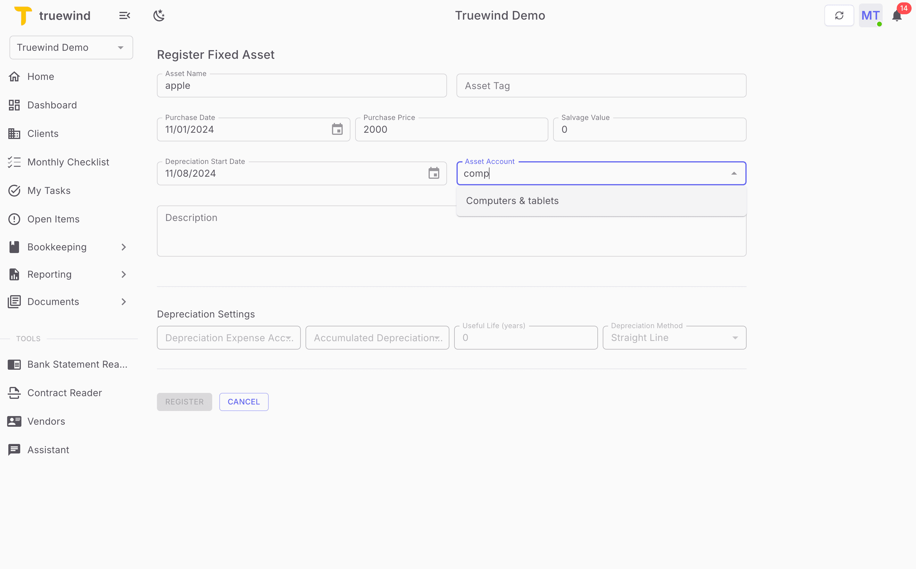 Screenshot showing Select Asset Account