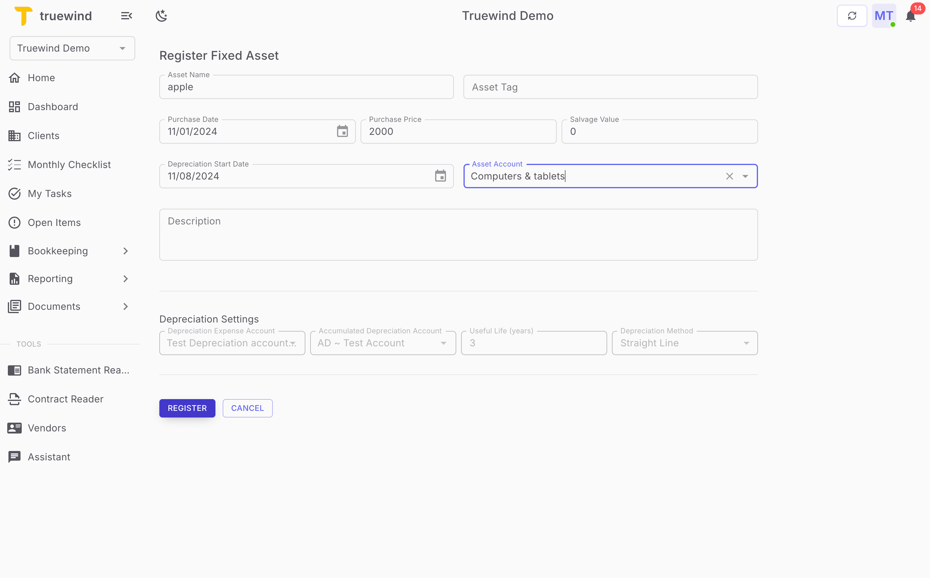 Screenshot showing Open Register