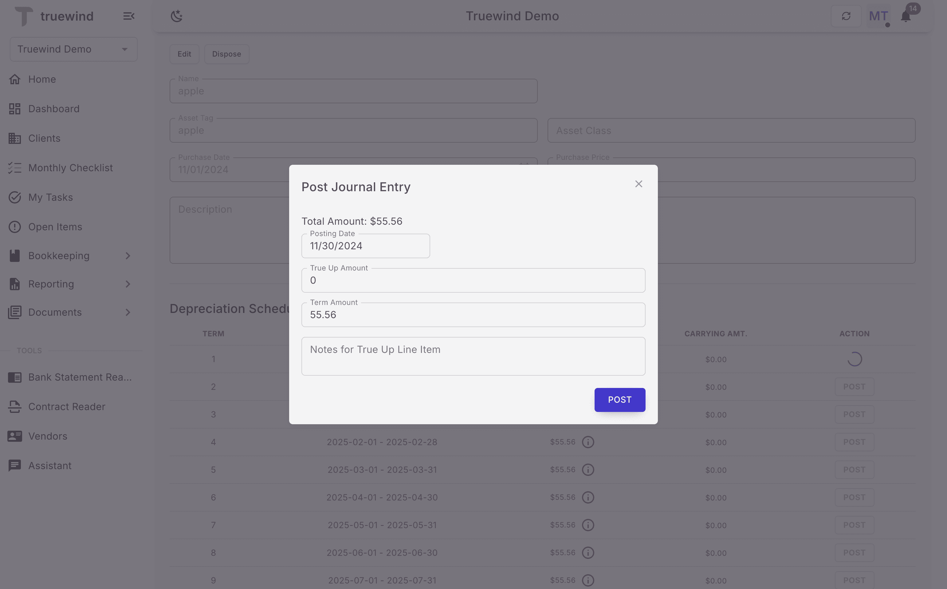Screenshot showing Post the journal entry
