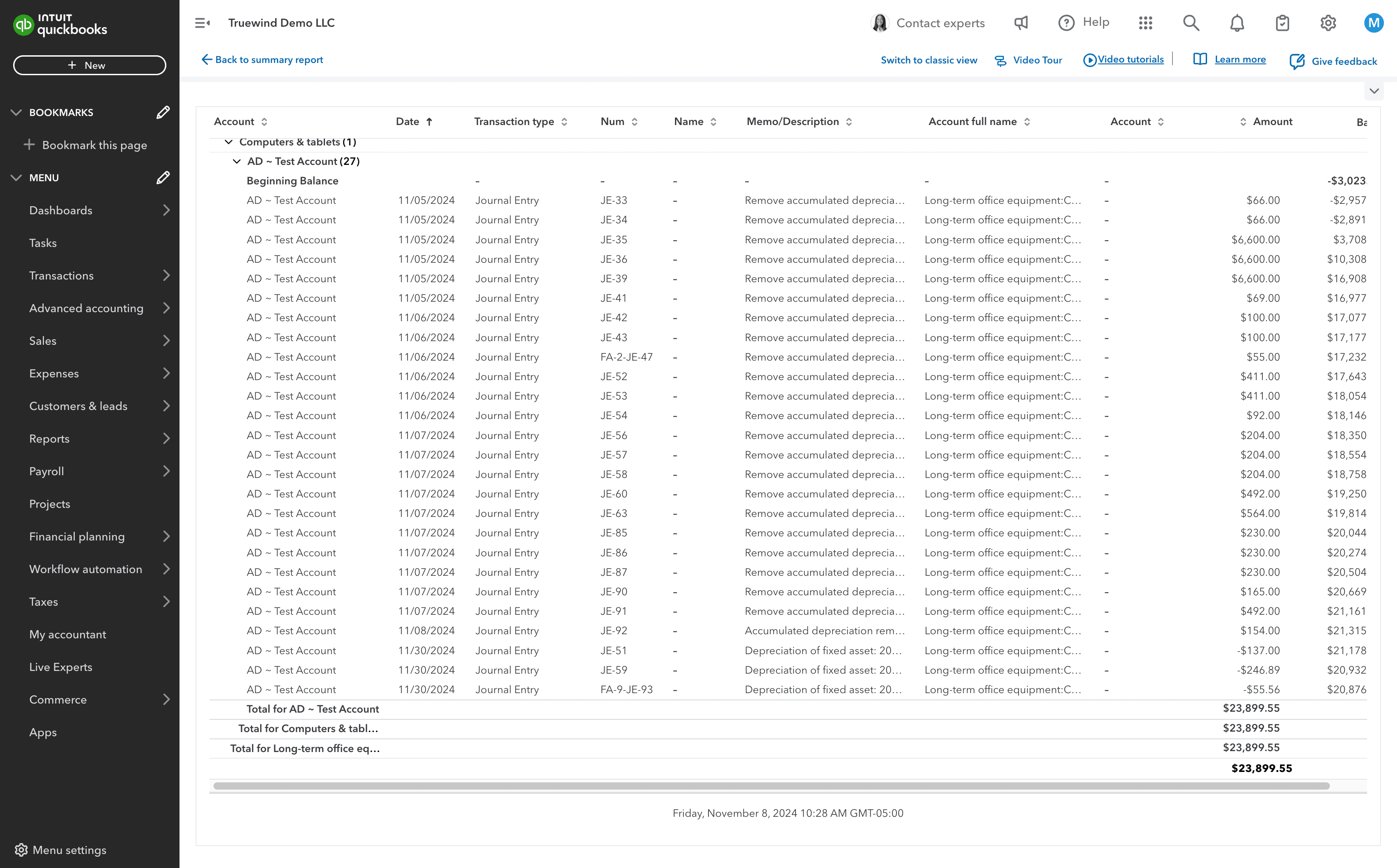 Screenshot showing Open QBO Balance Sheet, you'll find the depreciation JE