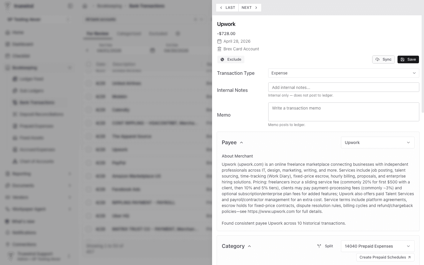 Screenshot showing the transaction side panel with the Prepaid Expenses category