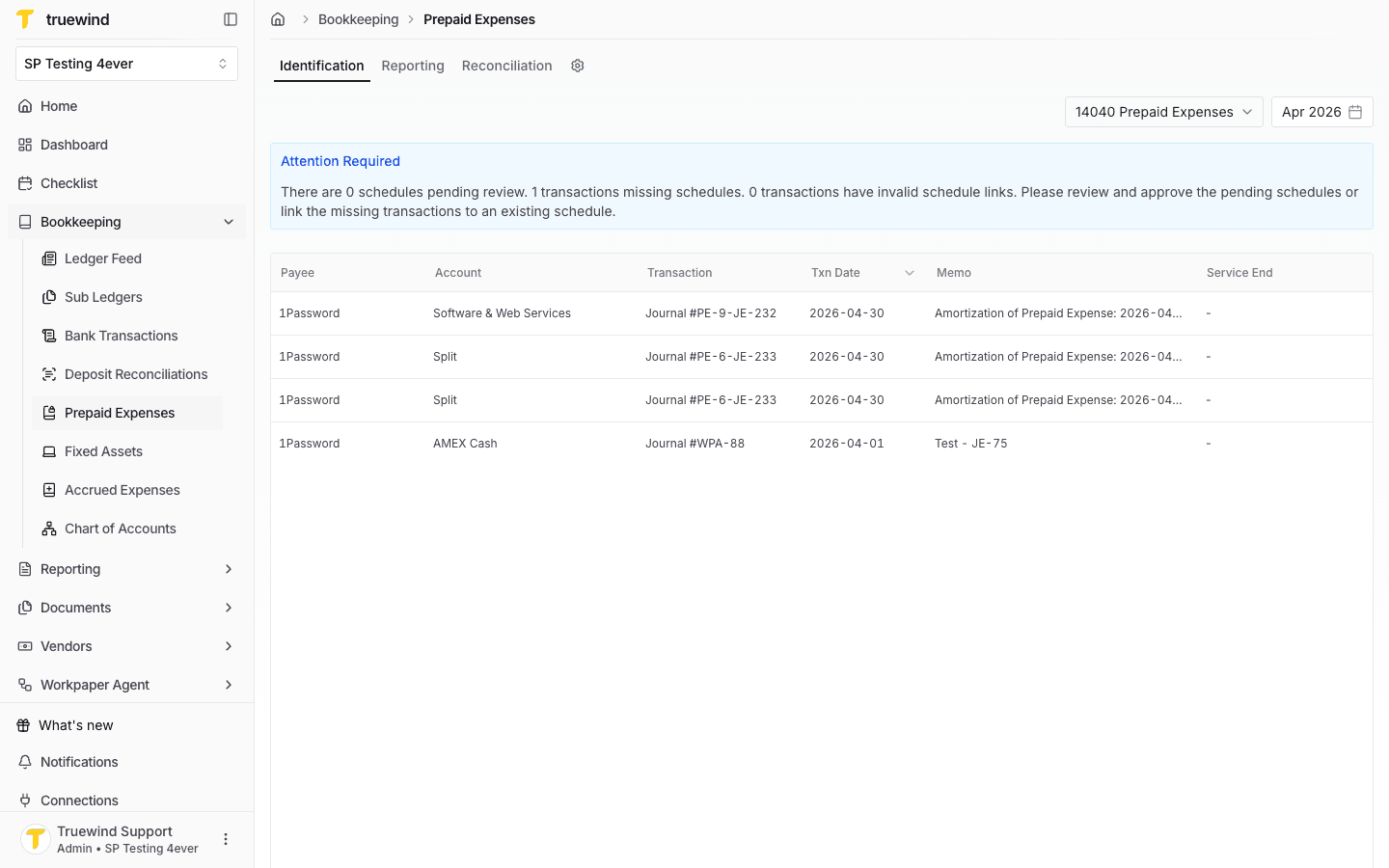 Screenshot showing the Prepaid Expenses Identification tab with an attention message