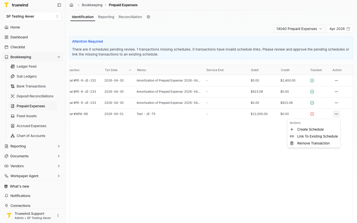 Screenshot showing the Create Schedule action in Prepaid Expenses