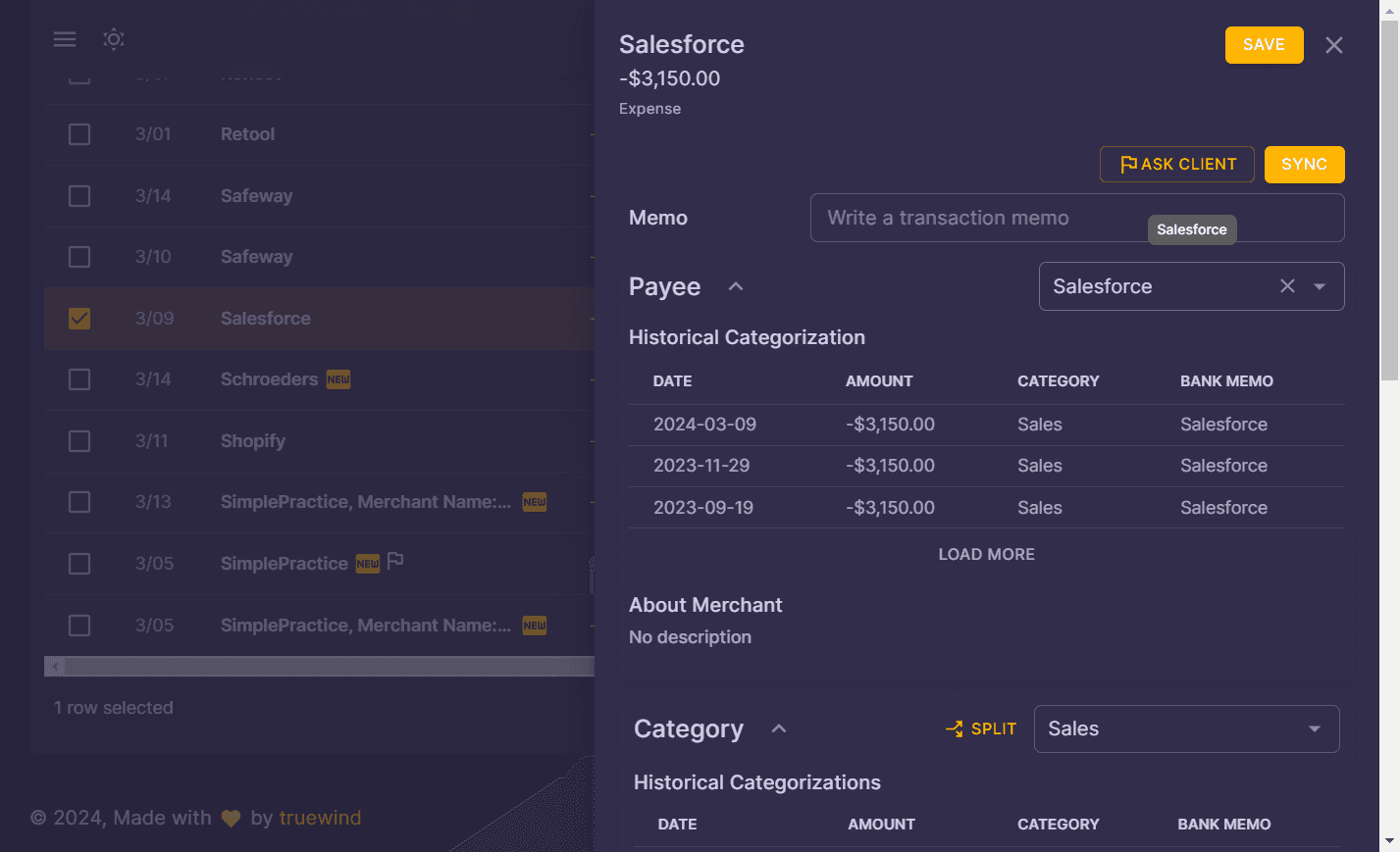 Screenshot showing On the Transaction Side Panel, Select Payee