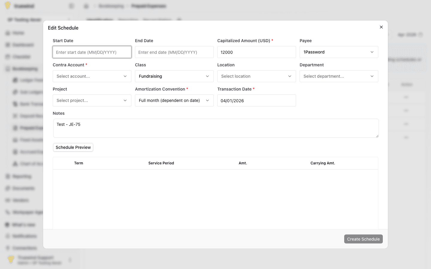 Screenshot showing the prepaid schedule form in Truewind